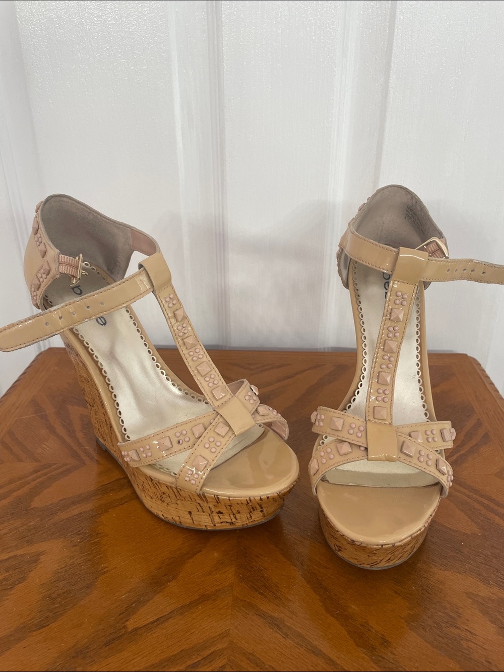bebe Beige Beaded T-Strap Cork Wedge Sandals